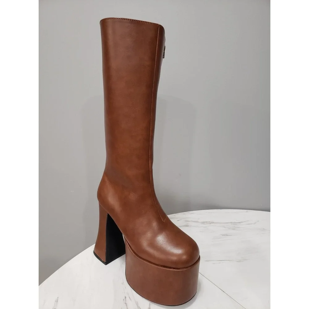 SIZE 9 Current Mood Dolls Kill Gogo Platform TALL BOOTS bratz y2k brown knee
